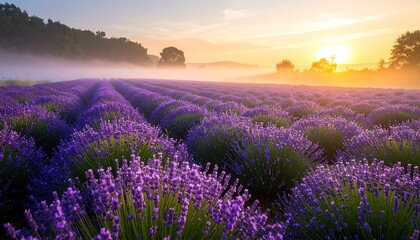 Lavender Field in Bloom at Sunrise with Morning Mist