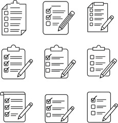 Minimalist checklist and clipboard vector illustrations, a line art icon set for to-do lists, tasks, surveys, and business planning concepts.