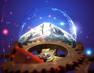 Mountain model within gears, digital sphere