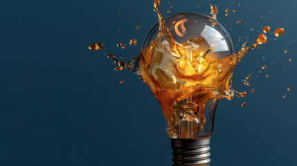 Light bulb surrounded by splash of orange liquid creates striking visual effect, symbolizing creativity and innovation. contrast between glass and vibrant liquid adds artistic touch