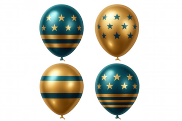 Gold and teal striped balloons with star patterns floating gracefully, creating festive celebration atmosphere on transparent backdrop
