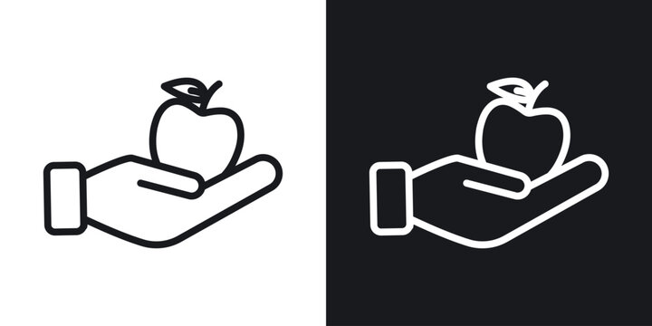 Apple in hand icons. Illustration of outline icons