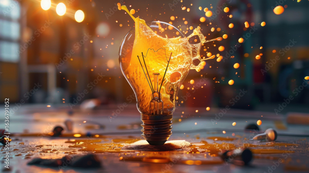 Poster light bulb with vibrant orange liquid splashing around it creates dynamic and energetic scene, symbo