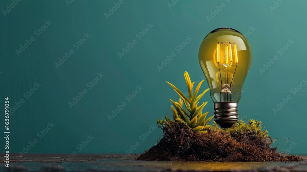 Poster light bulb with glowing filament is placed in small patch of soil, surrounded by green plants. backg