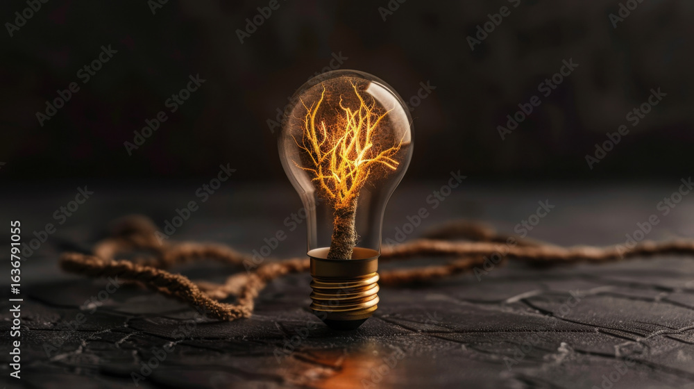 Poster glowing light bulb with tree like structure inside symbolizes creativity and innovation. warm light 