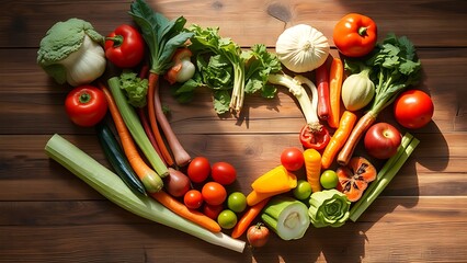 Artistic heart-shaped vegetable arrangement on rustic wood, symbolizing healthy living in natural morning light.