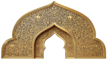 Golden islamic arch with intricate carvings isolated on transparent background
