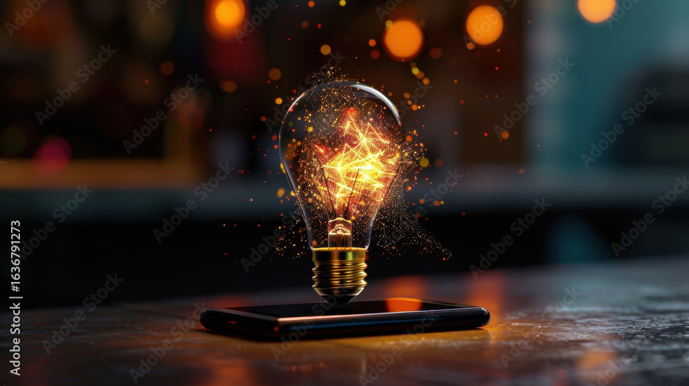 Poster glowing light bulb with swirling sparks and energy appears to float above smartphone, creating capti