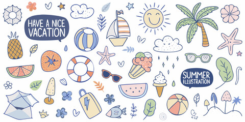 Whimsical summer vacation doodle collection with tropical elements