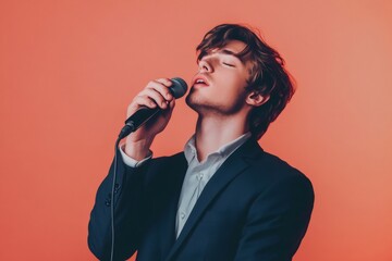 Passionate male singer wearing suit and holding microphone, performing with closed eyes on coral background