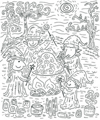 Witches making magic potion in a cauldron hand drawn doodles sketch background illustration 