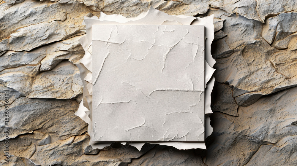 Poster textured square panel with rough, white surface is placed against backdrop of rugged, natural stone.