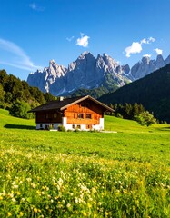 Obraz premium Alpine chalet in meadow, majestic mountains