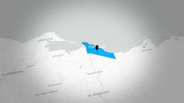 Port Said Egypt Map Animation Border Lines and Geographic Overview.