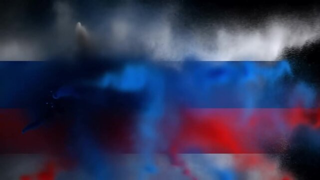 Russian flag with exploding powder paint on a dark background