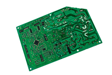 close-up image of a green printed circuit board (PCB) with electronic components and intricate...