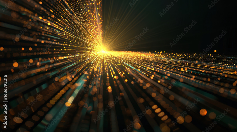 Poster vibrant burst of light radiates from central point, surrounded by shimmering particles and lines tha