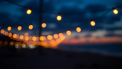 Beachside ambiance with glowing string lights creating a warm sunset atmosphere.