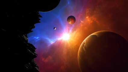 Fiery Nebula Sunrise: Dramatic Space Scene with Planets and Celestial Bodies, Epic Fantasy Art