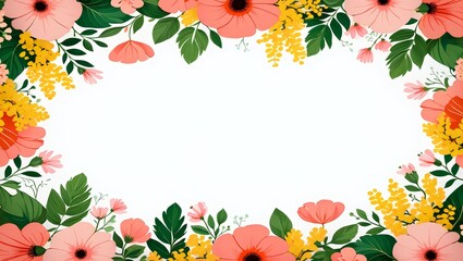 Vibrant Floral Border: Peach, Yellow, and Green Flowers, White Background, Spring Design, Blank Space