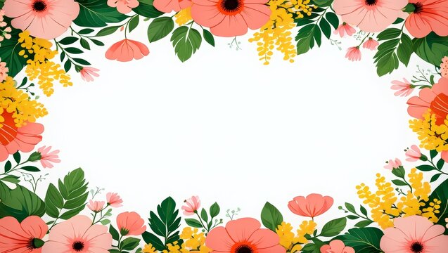Vibrant Floral Border: Peach, Yellow, and Green Flowers, White Background, Spring Design, Blank Space
