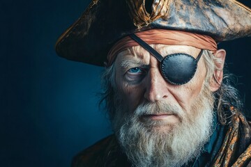 Close up portrait of a senior man dressed as a pirate, wearing an eyepatch, a tricorn hat, and bandana, conveying a sense of adventure and experience