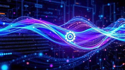 Abstract technology background with binary code waves and a gear icon in the center
