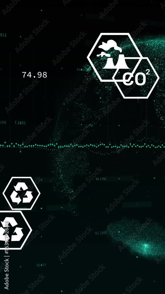 Poster animation of network of eco and environmentally friendly icons over data processing