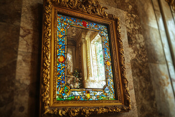 Fototapeta premium Fine detailed Greek stained window behind translucent Roman mirror