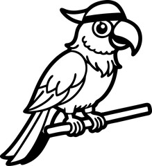 Black and white cartoon parrot perched on a stick bird