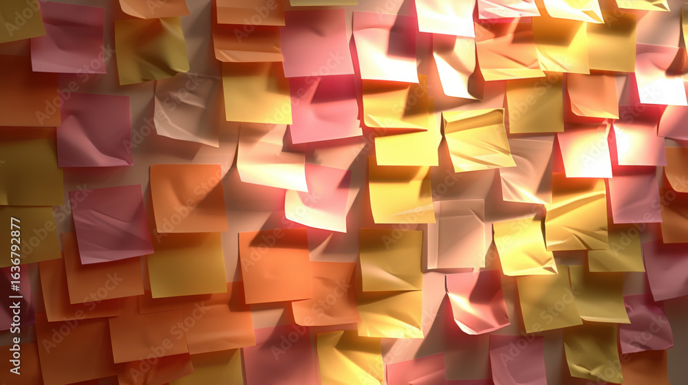 Poster colorful sticky notes in various shades of pink and yellow are arranged in chaotic yet vibrant patte