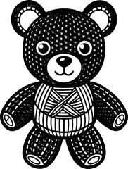 Black line art teddy bear with stitched eyes and striped chest