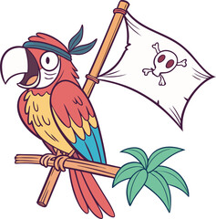 Colorful cartoon pirate parrot with skull flag tropical bird