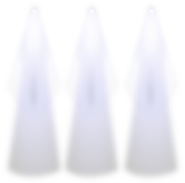Three abstract, blurry, white ghostly apparitions with a soft glow against a plain background.