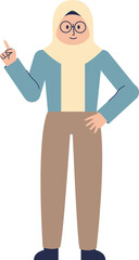 An illustrated young woman wearing a hijab and glasses, standing and pointing upwards.