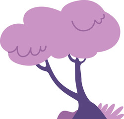 A whimsical cartoon tree with a dark purple trunk and a fluffy, light purple canopy.
