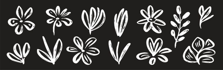 Hand-Drawn Floral Elements: White Flowers & Leaves on Black Background
