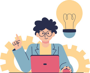 A creative person with glasses working on a laptop, pointing upwards with a new idea symbolized by a glowing light bulb and gears.