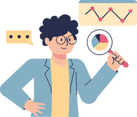 A smiling person with glasses examines data visualizations, including a graph and pie chart, with a magnifying glass.
