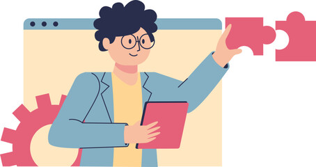 A cartoon character with a tablet assembles a puzzle, symbolizing problem-solving and development.