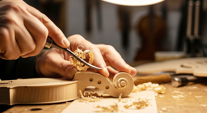 Artisan hands meticulously carving a wooden violin scroll with a chisel, surrounded by wood shavings in a traditional workshop.