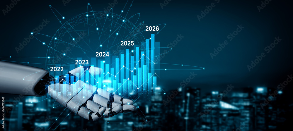 Poster AI-generated image showing data-driven projection of business performance trends across five years using charts and analytics for strategic planning and decision making Vouch
