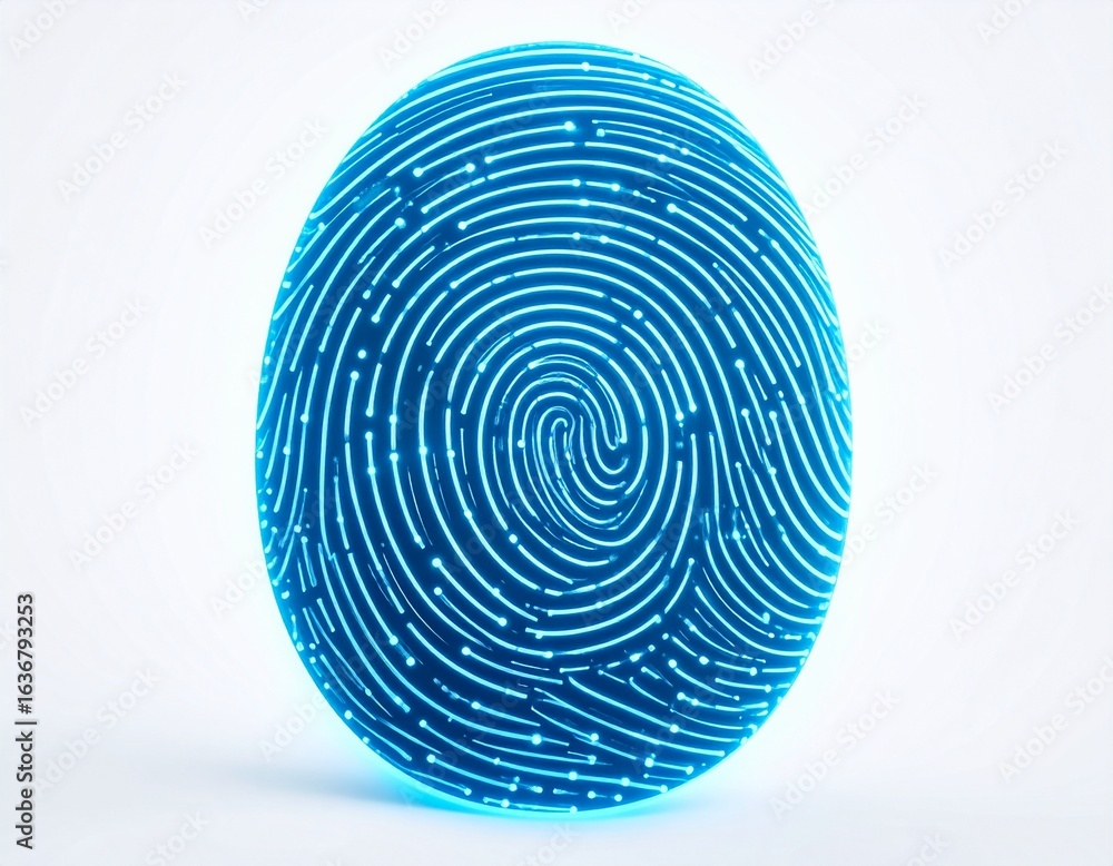 Poster a glowing blue digital fingerprint with intricate circuitry patterns, symbolizing biometric security