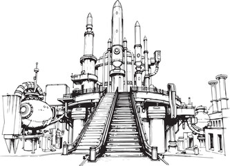 Factory, technical room, futurism, industry, equipment, mechanisms. Hand drawn vector illustration