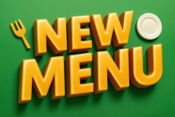 Bold, yellow 3D letters spelling "NEW MENU" on a vibrant green background, accompanied by a stylized fork and plate, representing dining and restaurant concepts.