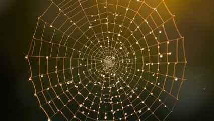 Fototapeta premium A spiderweb covered in water droplets glistens against a dark green and yellow gradient background