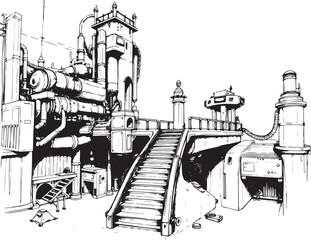 Obraz premium Factory, technical room, futurism, industry, equipment, mechanisms. Hand drawn vector illustration