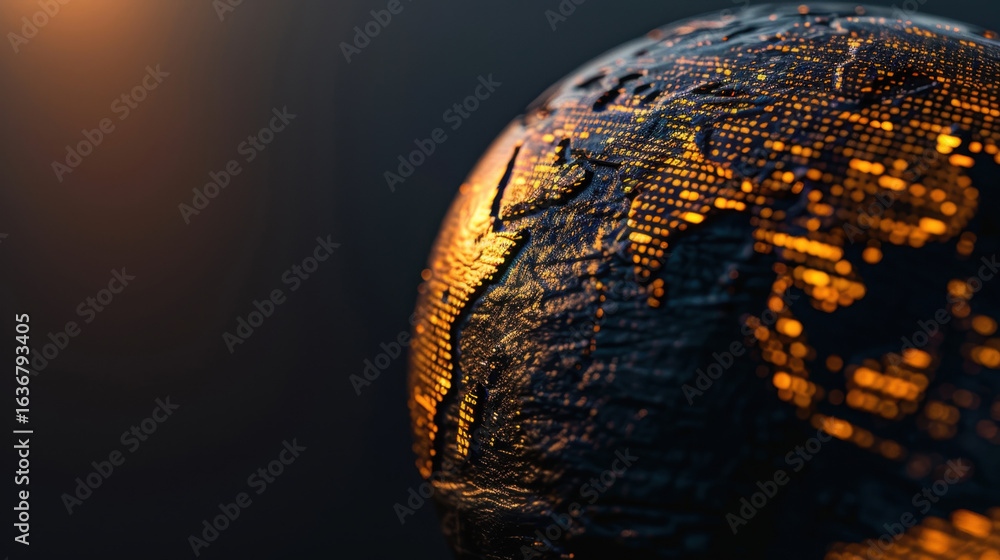 Poster close up view of globe illuminated with warm light, showcasing intricate details of continents and o