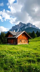 Alpine chalet nestled in a grassy meadow