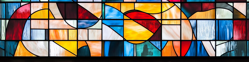 Geometric stained glass window with bold color contrasts